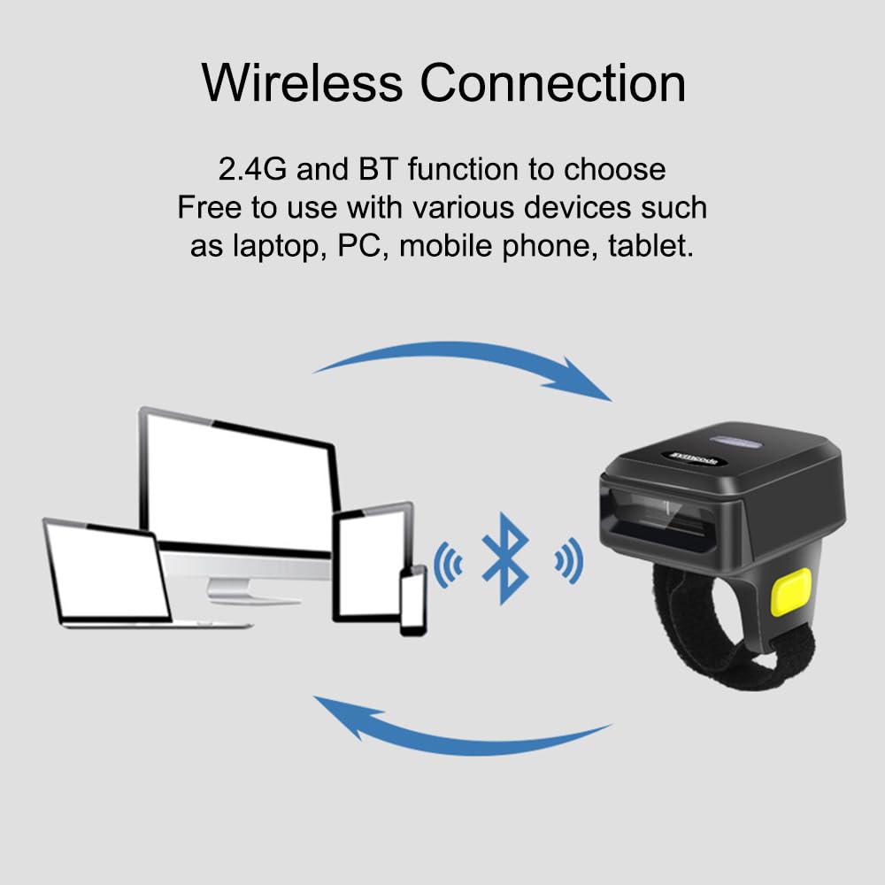 1D Barcode Scanner Portable Finger Handheld Wearable Ring Bar Code Reader BT+2.4G Wireless and Wired Connection with Offline Storage Support for Windows PC Computers Supermarket Library Express