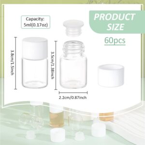 BENECREAT 60Pcs 5ml/0.17oz Clear Glass Vials Small Liquid Sample Vial with White Plastic Screw Caps Portable Bottles Vials for Essential Oil Preservation Sample Capture Storage/Aromatherapy