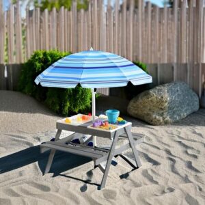 Beright 3-in-1 Kids Picnic Table, Play Sand and Water Sensory Table with Height Adjustable Umbrella & Removable Tabletop, Kids Wooden Outdoor Table, with 3 Storage Bins, Upgraded