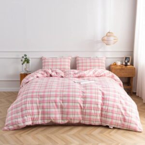 tazmkezm pink grid duvet cover set 100% washed cotton duvet cover king size (104x90 inch),3 pieces luxury soft bedding set with zipper closure.solid color pattern duvet cover