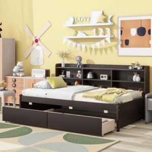 cabsett twin size daybed with storage drawers and side bookcase, solid wood platform bed frame, twin sofa bed for bedroom living room, espresso