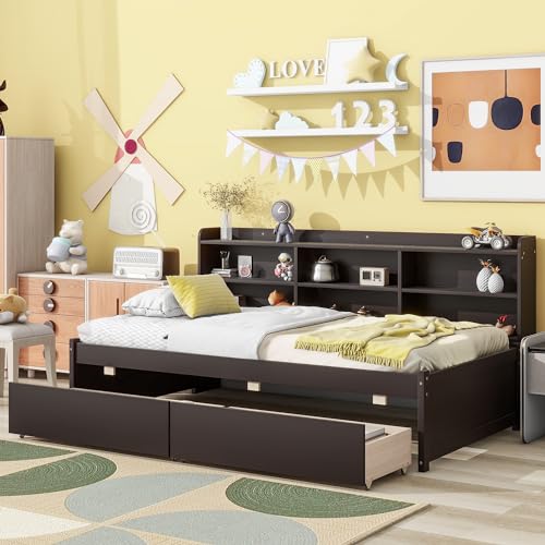 CABSETT Twin Size Daybed with Storage Drawers and Side Bookcase, Solid Wood Platform Bed Frame, Twin Sofa Bed for Bedroom Living Room, Espresso