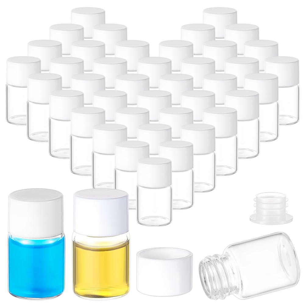 BENECREAT 60Pcs 5ml/0.17oz Clear Glass Vials Small Liquid Sample Vial with White Plastic Screw Caps Portable Bottles Vials for Essential Oil Preservation Sample Capture Storage/Aromatherapy