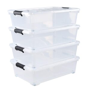 vababa 25 l under bed clear plastic storage bins with lid, set of 4 wheeled plastic storage box with latch handle