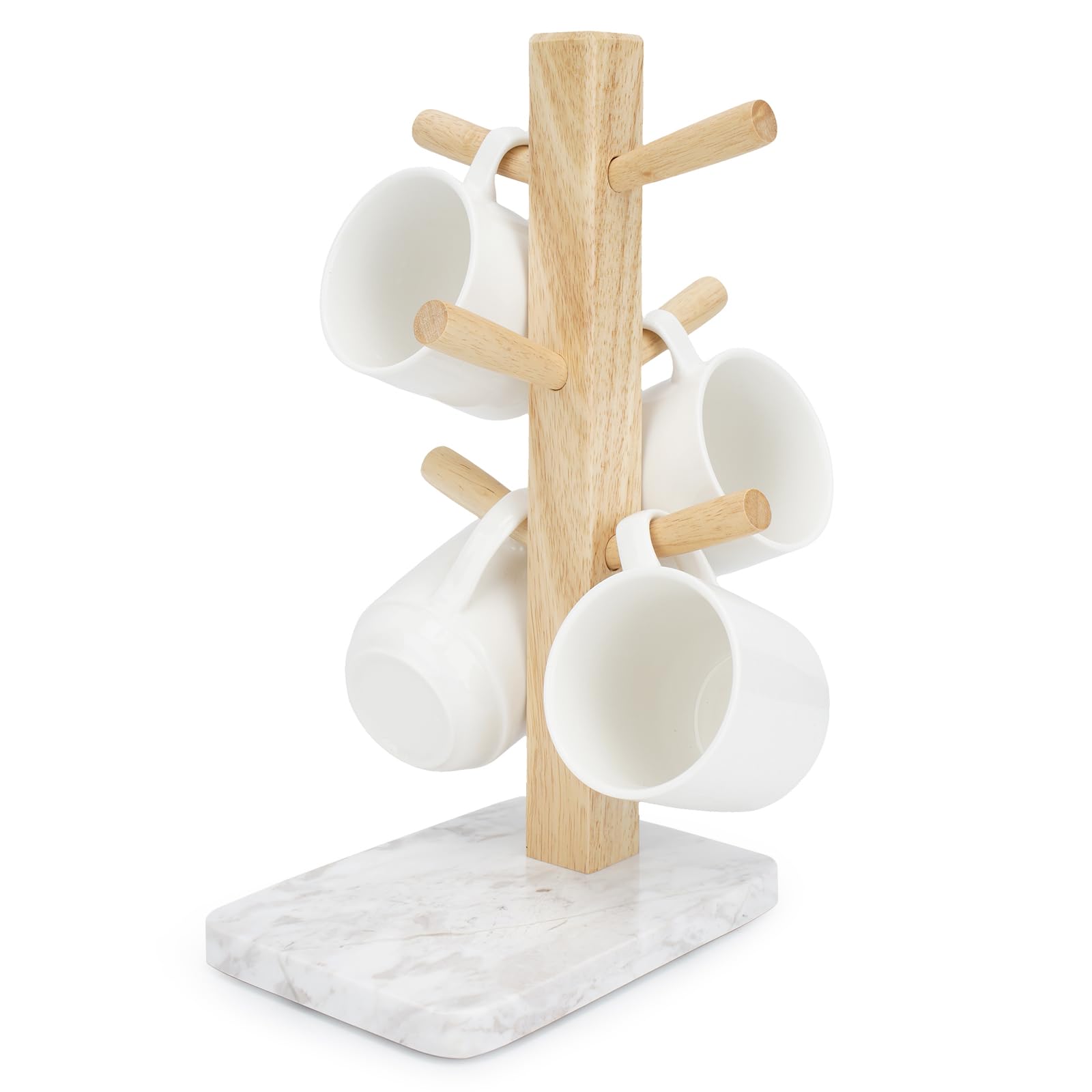 WORHE Marble Mug Holder Thicker Base Coffee Cup Holder with 6 Hooks Stand for Countertop, Mug Stand Hanger for Coffee Bar Accessories and Decor Coffee Organizer Station White (WH032)