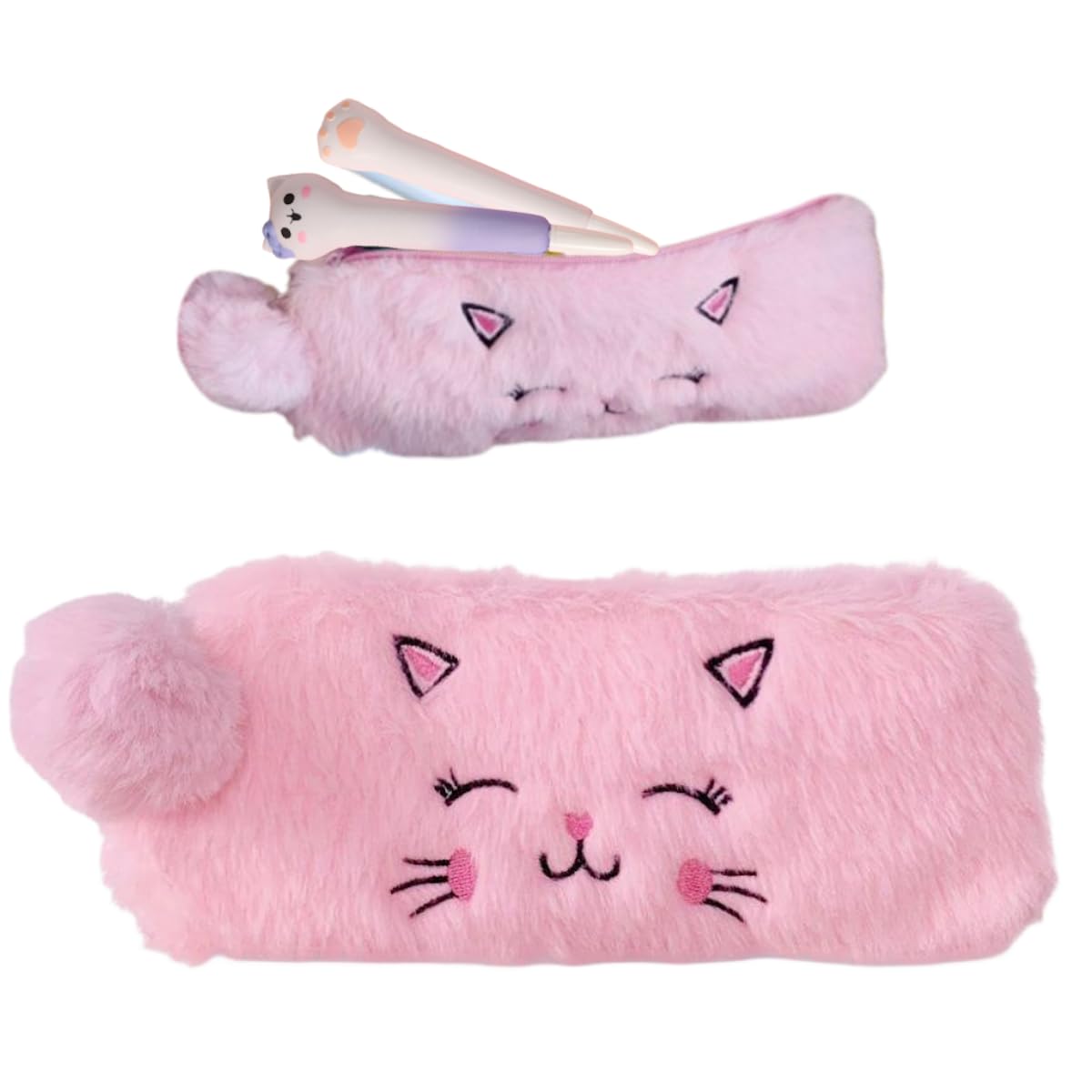 Cat Plush Pen Pouch Box with 2Pcs Kawaii Pens Cute Pen Organizer Case Aesthetic Adorable Estuche para Lapices (Pink)