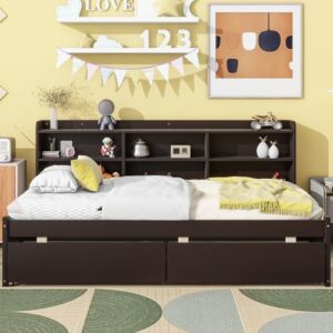 CABSETT Twin Size Daybed with Storage Drawers and Side Bookcase, Solid Wood Platform Bed Frame, Twin Sofa Bed for Bedroom Living Room, Espresso