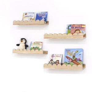 icnjdmopclean scalloped shelves for nursery - wall book shelves for bedroom kids, nursery bookshelf for wall set of 4, floating book shelves solid wood,16 inch, natural