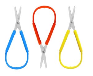 mini squeeze scissors, lefty support loop scissors for toddlers，5 inch adaptive design preschool training scissors (3, red+blue+yellow)