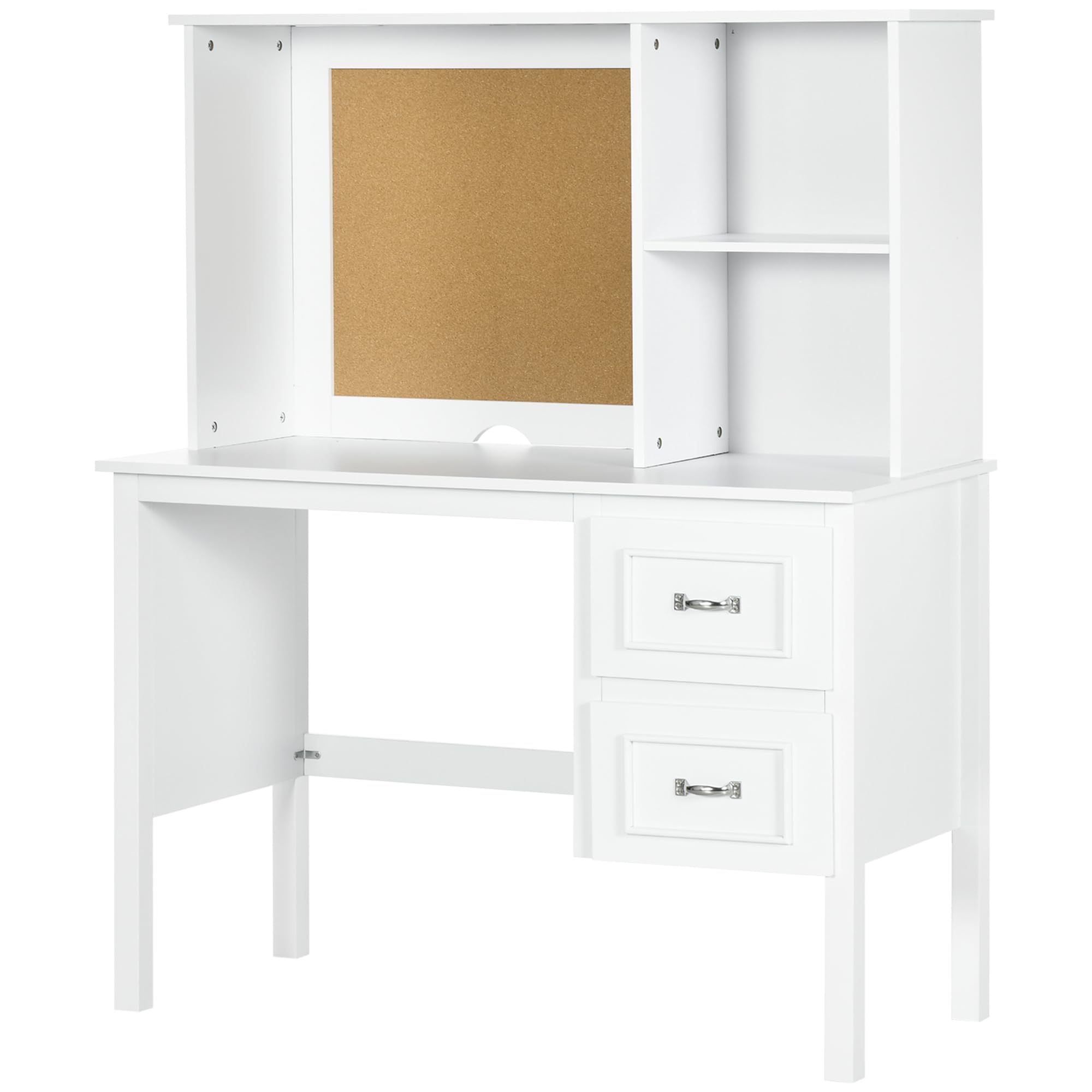 HOMCOM Computer Table with Storage Shelves, Home Office Desk with 2 Drawers, Cable Management Hole, Corkboard - White