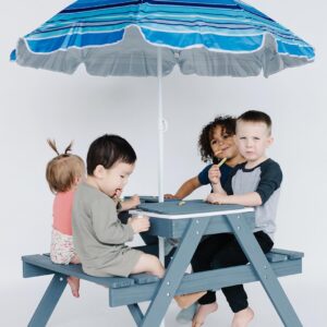 Beright 3-in-1 Kids Picnic Table, Play Sand and Water Sensory Table with Height Adjustable Umbrella & Removable Tabletop, Kids Wooden Outdoor Table, with 3 Storage Bins, Upgraded