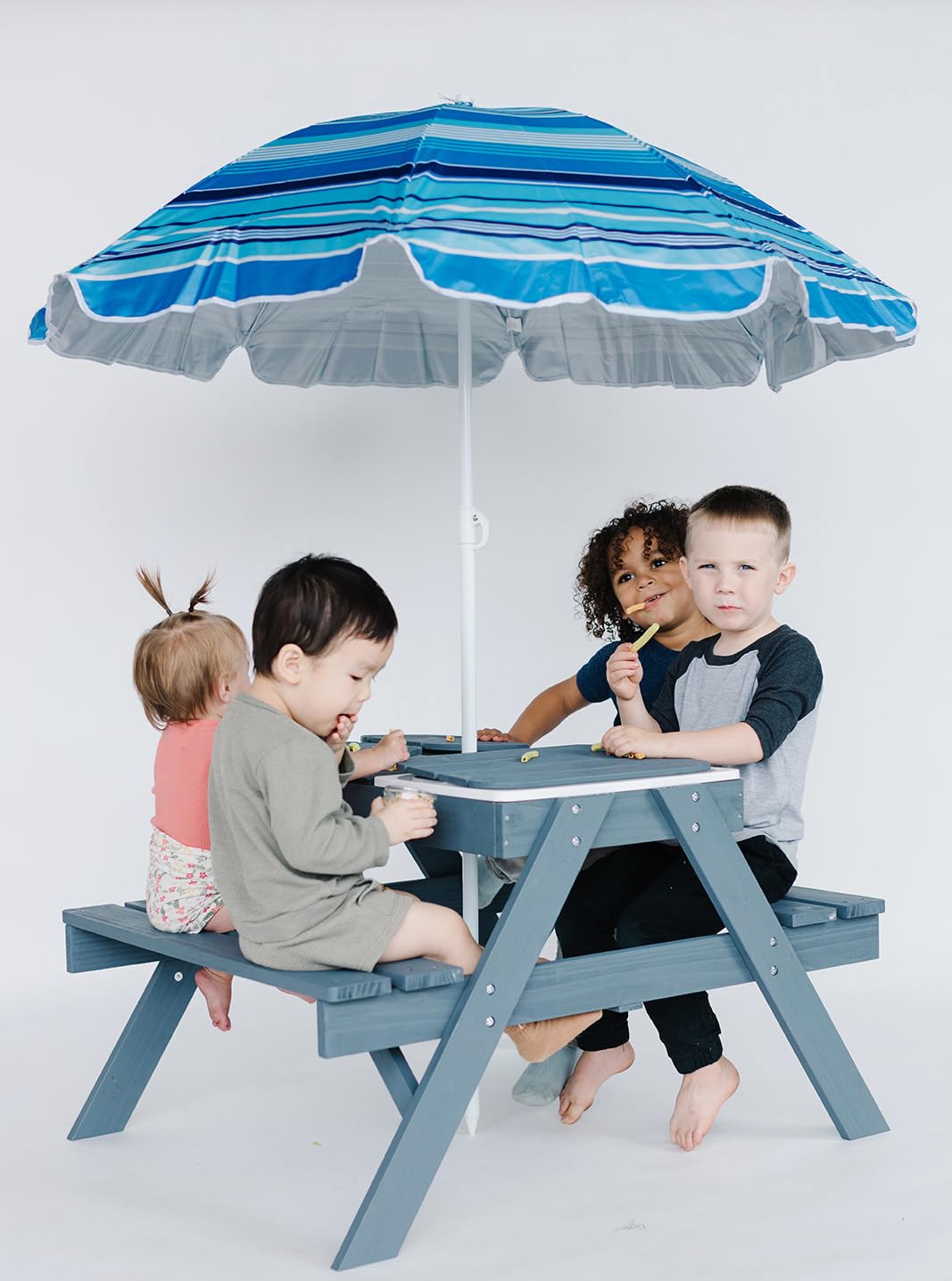 Beright 3-in-1 Kids Picnic Table, Play Sand and Water Sensory Table with Height Adjustable Umbrella & Removable Tabletop, Kids Wooden Outdoor Table, with 3 Storage Bins, Upgraded