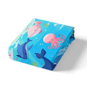 Feelyou Cartoon Cute Marine Animals Bedding Set Twin Size Kids Fish Dolphin Octopus Comforter Cover Set for Boys Girls Teens Underwater World Duvet Cover Summer Ocean Bedspread Cover Room Decor