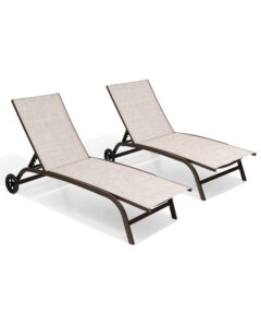 crestlive products aluminum chaise lounge chairs with wheels outdoor adjustable recliner five-position and full flat all weather for patio, beach, yard, pool (2pcs beige)