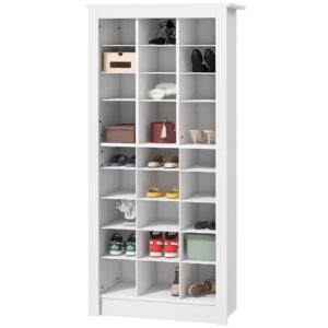 homcom 58" tall shoe rack storage organizer, narrow shoe cabinet for entryway with open cubes for 27 pairs, white