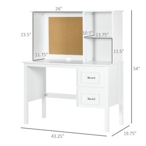 HOMCOM Computer Table with Storage Shelves, Home Office Desk with 2 Drawers, Cable Management Hole, Corkboard - White