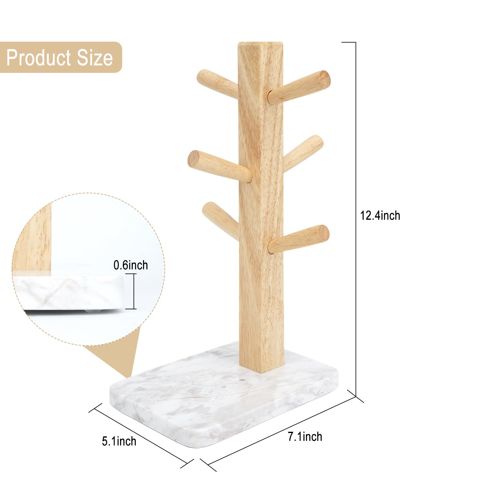 WORHE Marble Mug Holder Thicker Base Coffee Cup Holder with 6 Hooks Stand for Countertop, Mug Stand Hanger for Coffee Bar Accessories and Decor Coffee Organizer Station White (WH032)