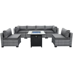 Valita 7 Piece Outdoor PE Wicker Furniture Set, Patio Gray Rattan Sectional Sofa Couch Adjustable Gas Fire Pit Grey Cushions