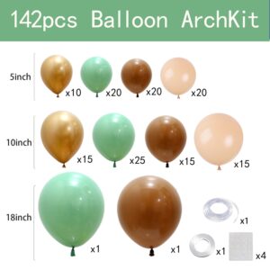 142pcs Sage Green Balloon Garland Arch Kit Jungle Safari Woodland Balloon Garland Arch Sage Green Brown Beige Gold Balloons for Baby Shower Wild One Safari Birthday Decorations