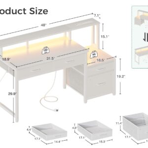 AODK 48-Inch Computer Desk with Fabric File Cabinet and Fabric Drawers, Reversible Office Desk with LED Strip and Power Strip, Gaming Desk with Monitor Riser, Writing/Study Table for Home, White