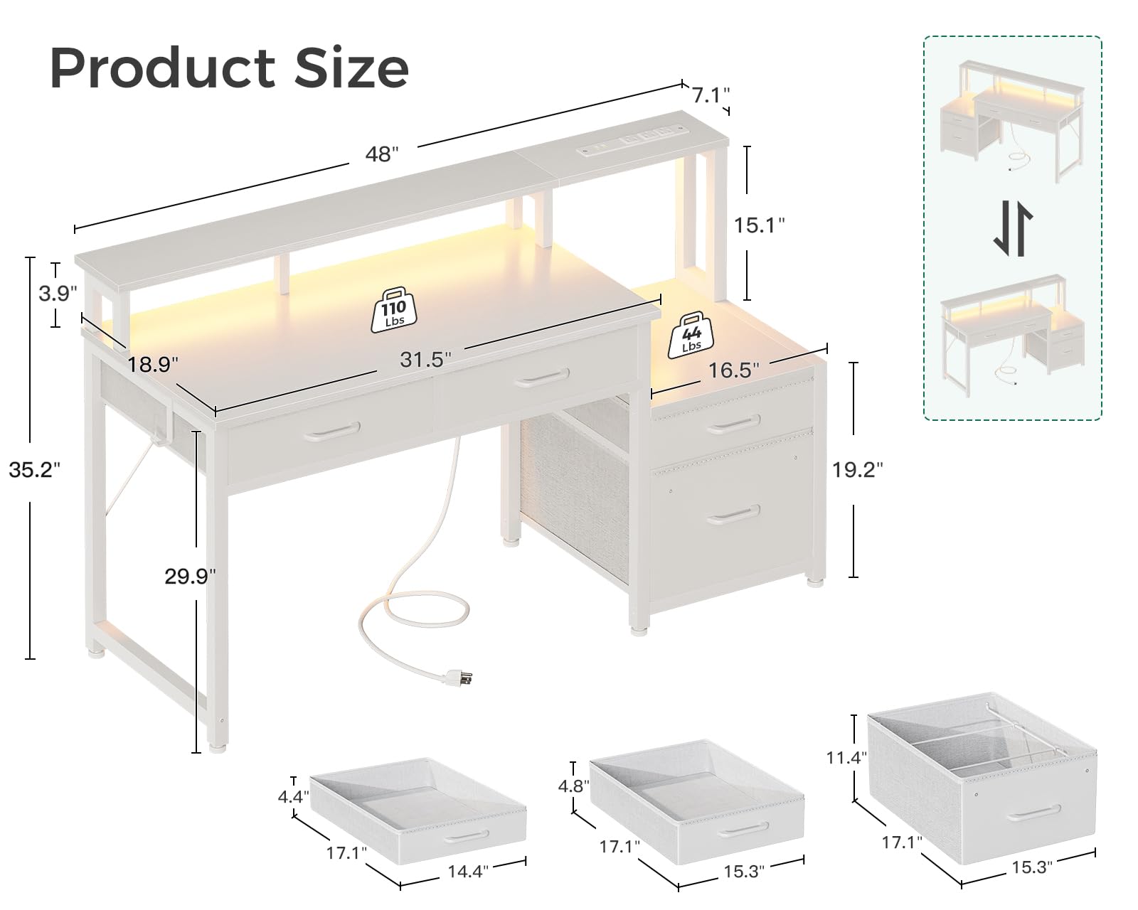 AODK 48-Inch Computer Desk with Fabric File Cabinet and Fabric Drawers, Reversible Office Desk with LED Strip and Power Strip, Gaming Desk with Monitor Riser, Writing/Study Table for Home, White