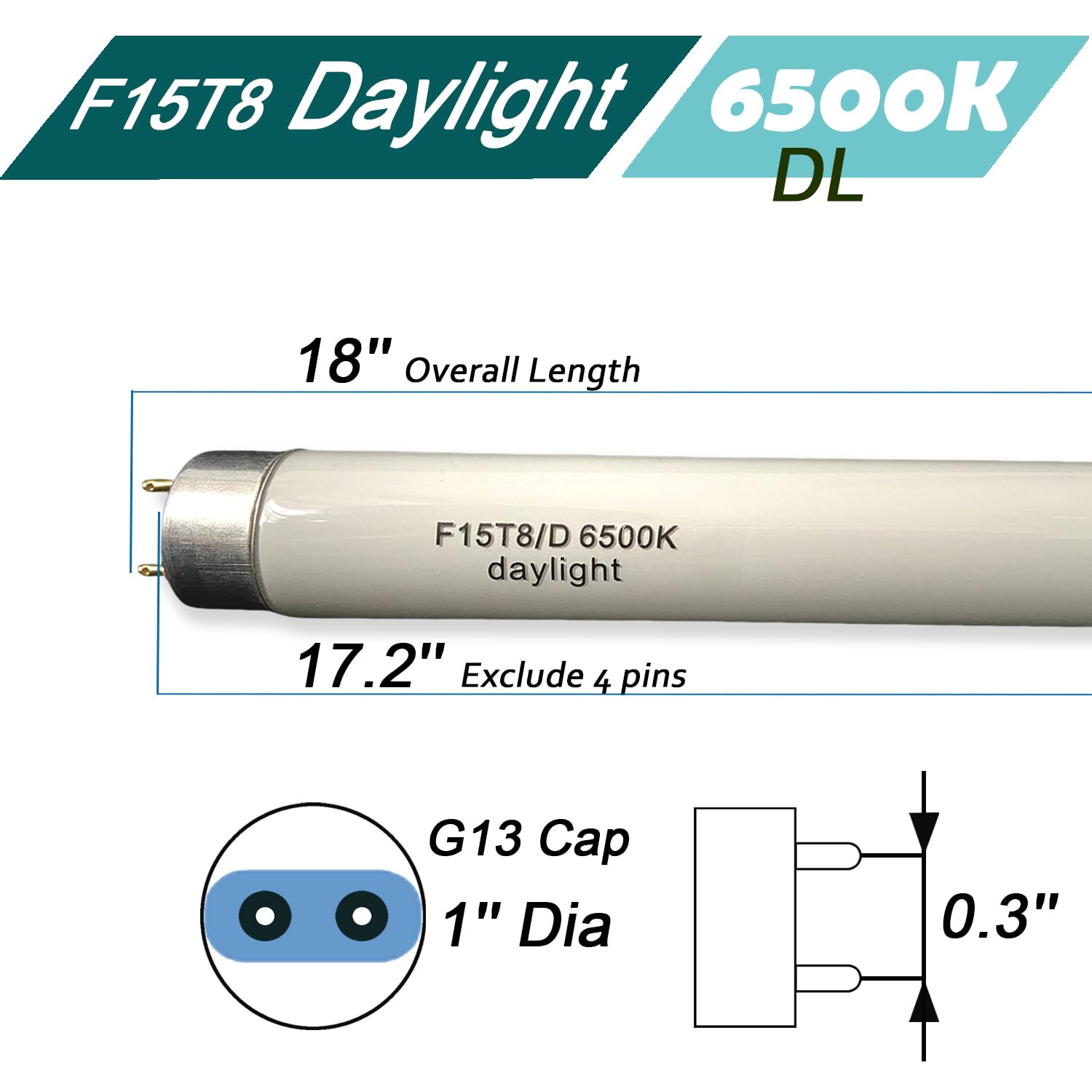 F15T8-D Daylight 15W Fluorescent Bulb,18'' F15T8/DL 6500K T8 Linear Preheat Lighting Lamps, G13 bi-pin Base