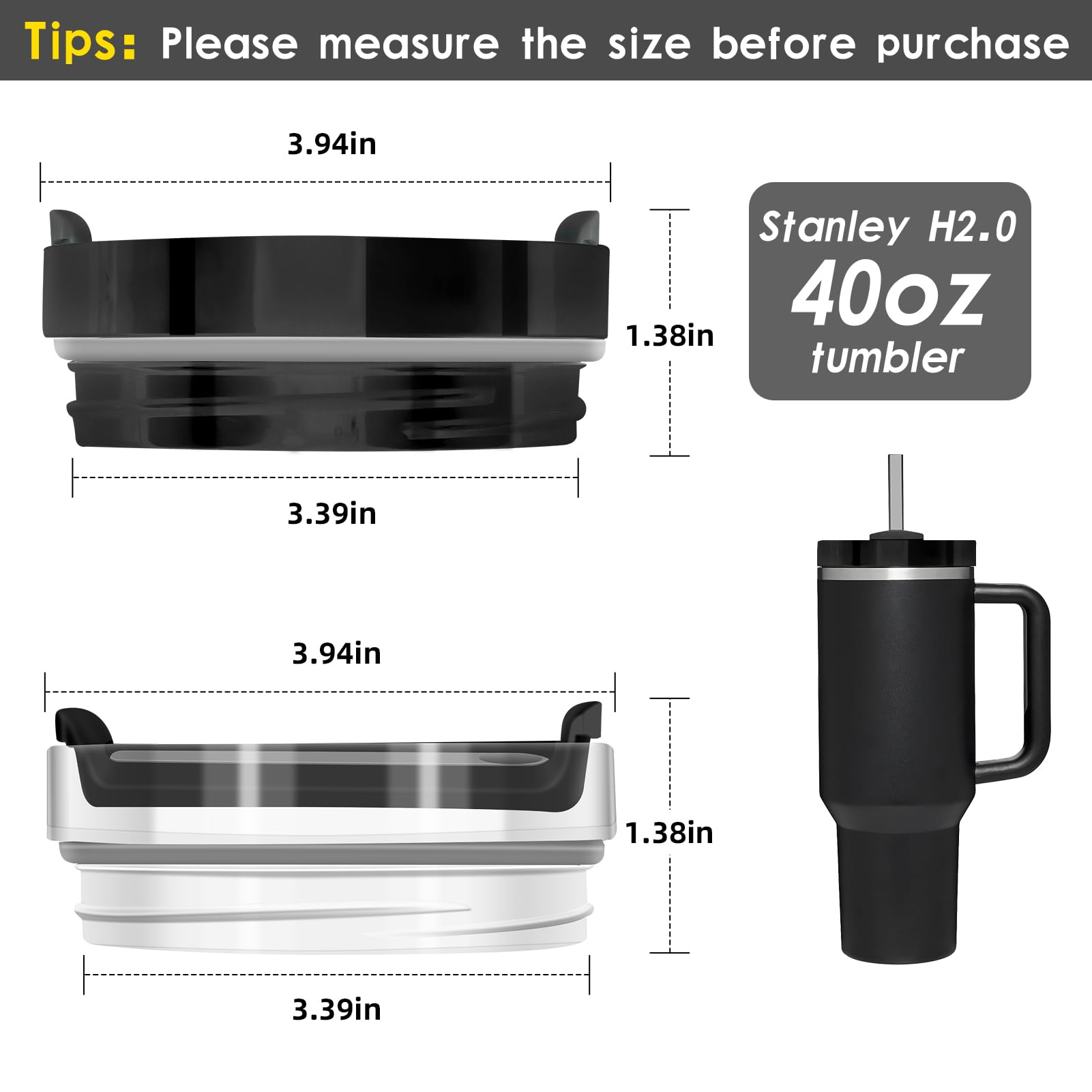 BKBY 2Pcs 40 OZ Tumbler Lid Compatible with Stanley Cup, Durablee Replacement Lids for Stanle Adventure Quencher Travel Tumbler 40 OZ, Spill-Proof Tumbler Cover (Black + Black Transparent)