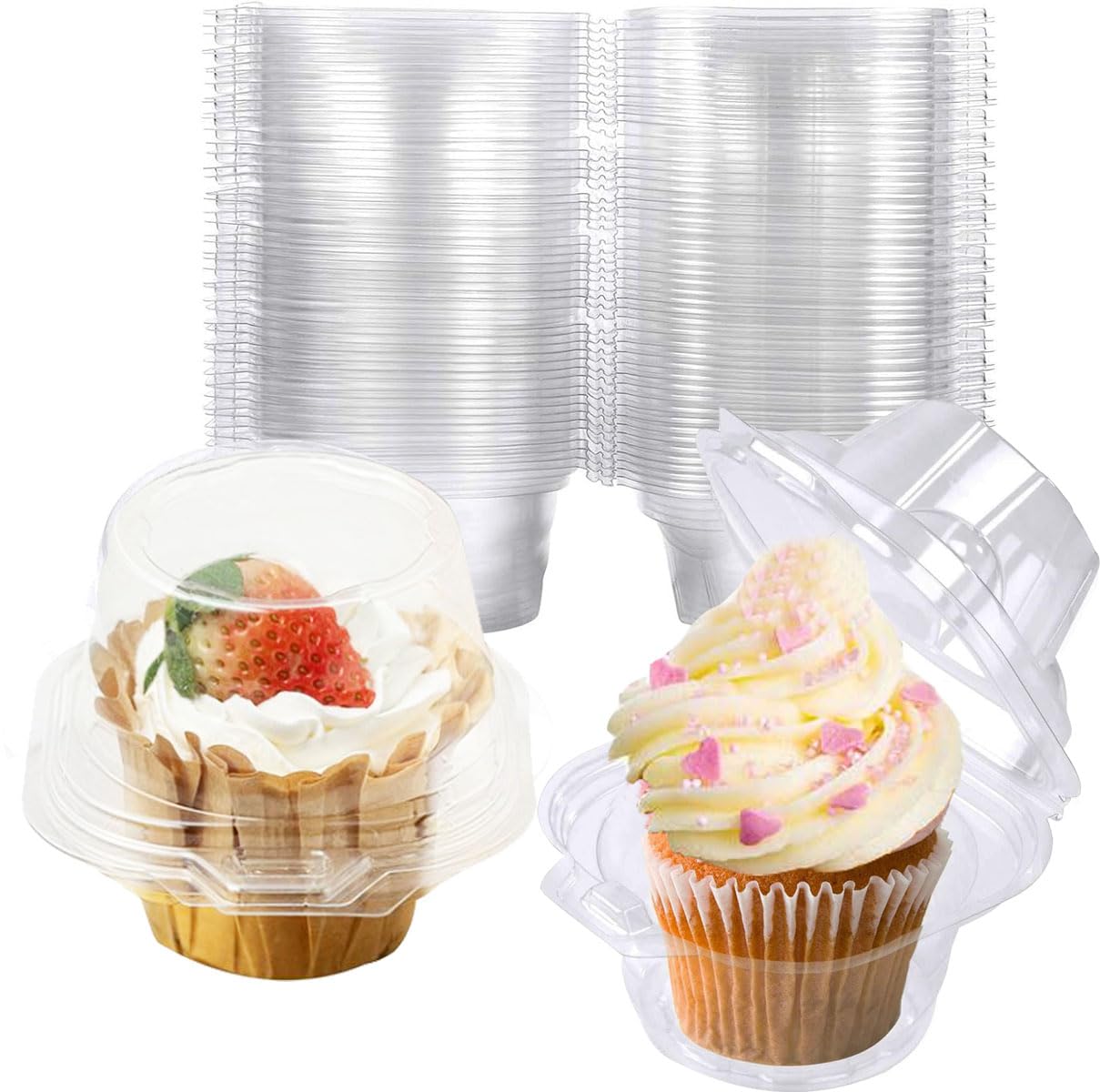 Mistari 50 Pack Individual Cupcake Containers Plastic Cupcake Boxes Disposable Cupcake Holders Stackable Deep Dome Cupcake Carrier with Airtight Dome Lid, BPA Free, Clear