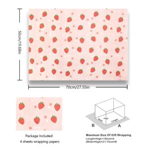 Geluode Strawberry Wrapping Paper, Pink Strawberry Gift Wrap Paper for Birthday, Baby Shower, Summer Hawaii Theme Party, Aloha Luau Pool Party, Holiday, 4 Sheets Folded Flat 20x28 inches