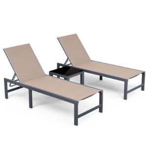 amopatio patio chaise lounge set of 3, 24.4" wider outdoor lounge chairs with table, textilene pool chaise lounge for sun tanning lay flat poolside lounger for beach, lawn, brown