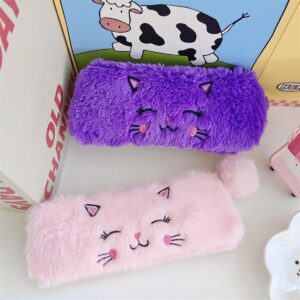 Cat Plush Pen Pouch Box with 2Pcs Kawaii Pens Cute Pen Organizer Case Aesthetic Adorable Estuche para Lapices (Pink)