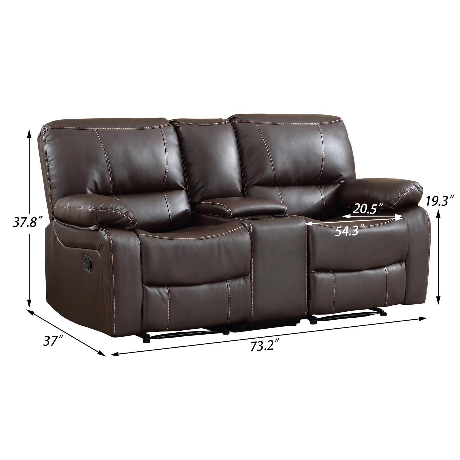 EBELLO Faux Leather Manual Loveseat Recliner, Reclining Couch Sofa with 2 Cup Holders, Hidden Storage, Overstuffed Comfortable Armrest Double Recliner Set for Living Room, Brown (Loveseat)