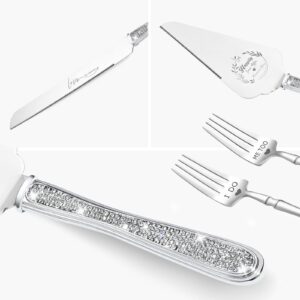 ROXBURGH Cake Cutting Set for Wedding, Wedding Cake Knife and Server set, Forks and Cutter Pie Spatula Rhinestones Studded Handle Birthday Anniversary Christmas of 4 (Silver)