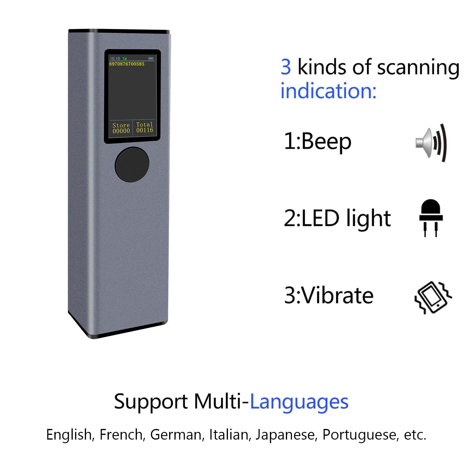 2D 1D QR Barcode Scanner with TFT Screen 3 in 1 BT & 2.4GHz Wireless & Wired Connection Sound and Vibrator Prompt Support Offline Storage Compatible with Windows Android Linux for Supermarket