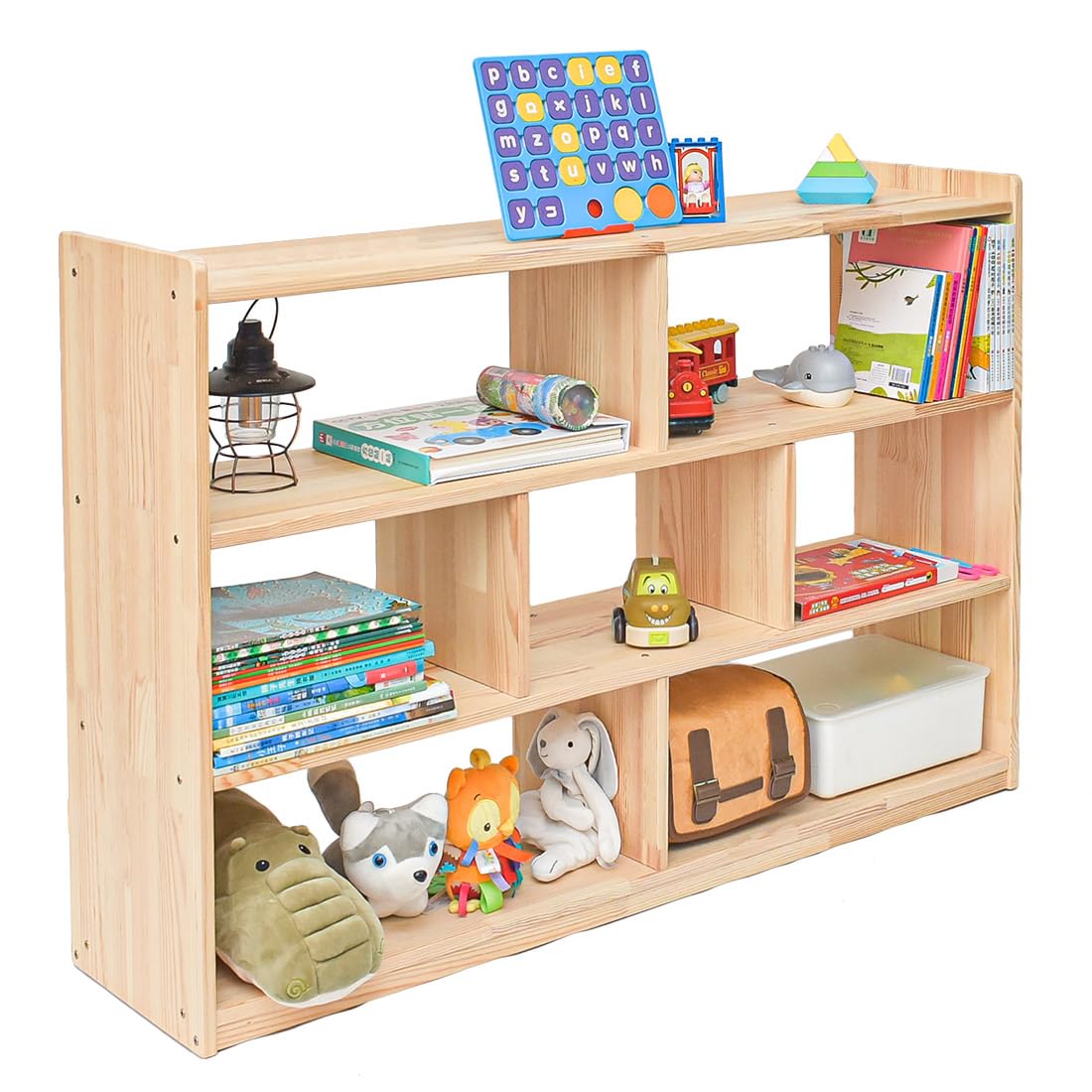 Morimoe 5/7-Compartment Book Shelf for Organizing Books Toys, Solid Wood, Perfect for Playroom, Kids Room, Nursery, Kindergarten (7-Compartment)