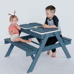 Beright 3-in-1 Kids Picnic Table, Play Sand and Water Sensory Table with Height Adjustable Umbrella & Removable Tabletop, Kids Wooden Outdoor Table, with 3 Storage Bins, Upgraded