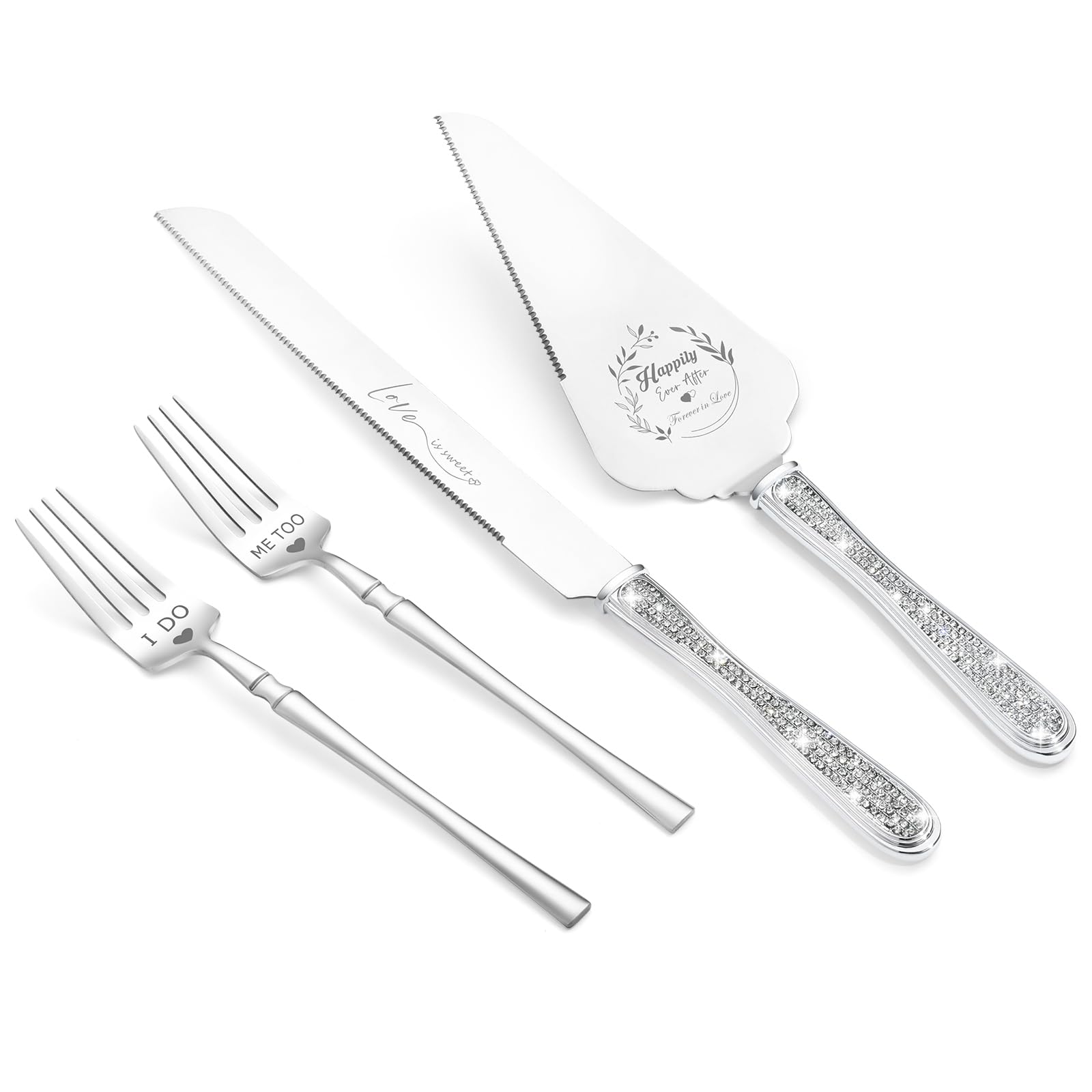 ROXBURGH Cake Cutting Set for Wedding, Wedding Cake Knife and Server set, Forks and Cutter Pie Spatula Rhinestones Studded Handle Birthday Anniversary Christmas of 4 (Silver)