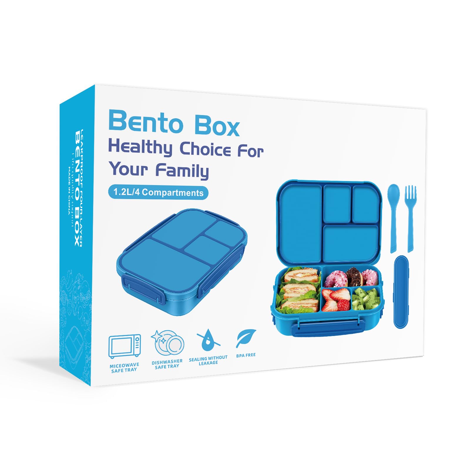 Amathley Lunch Box Kids,Bento Box Adult,Leakproof Lunch Containers for Adults/Kids/Toddler,1200ML-4 Compartments bento Lunch box with Utensil,Microwave & Dishwasher & Freezer Safe (Blue)