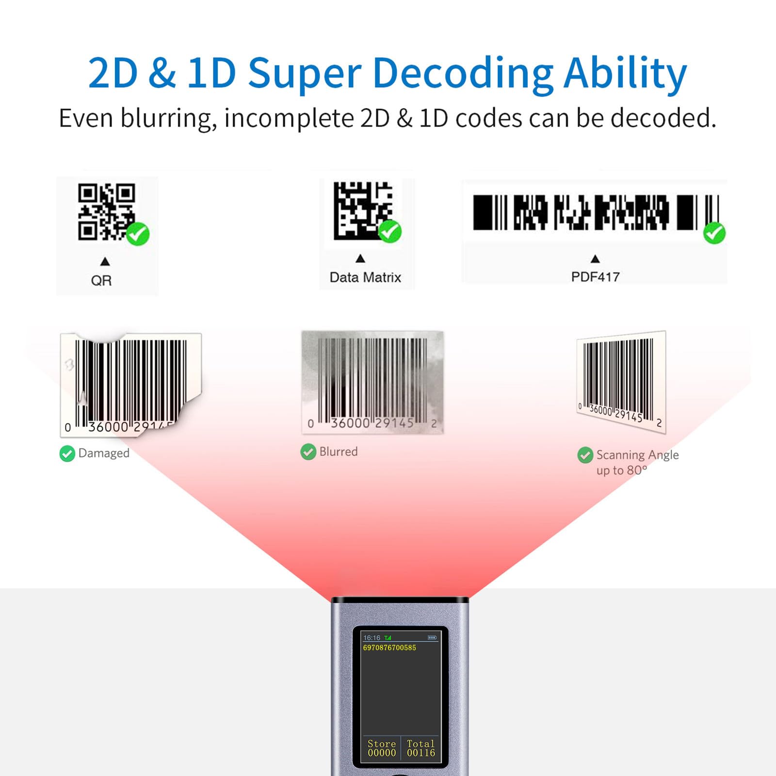 2D 1D QR Barcode Scanner with TFT Screen 3 in 1 BT & 2.4GHz Wireless & Wired Connection Sound and Vibrator Prompt Support Offline Storage Compatible with Windows Android Linux for Supermarket