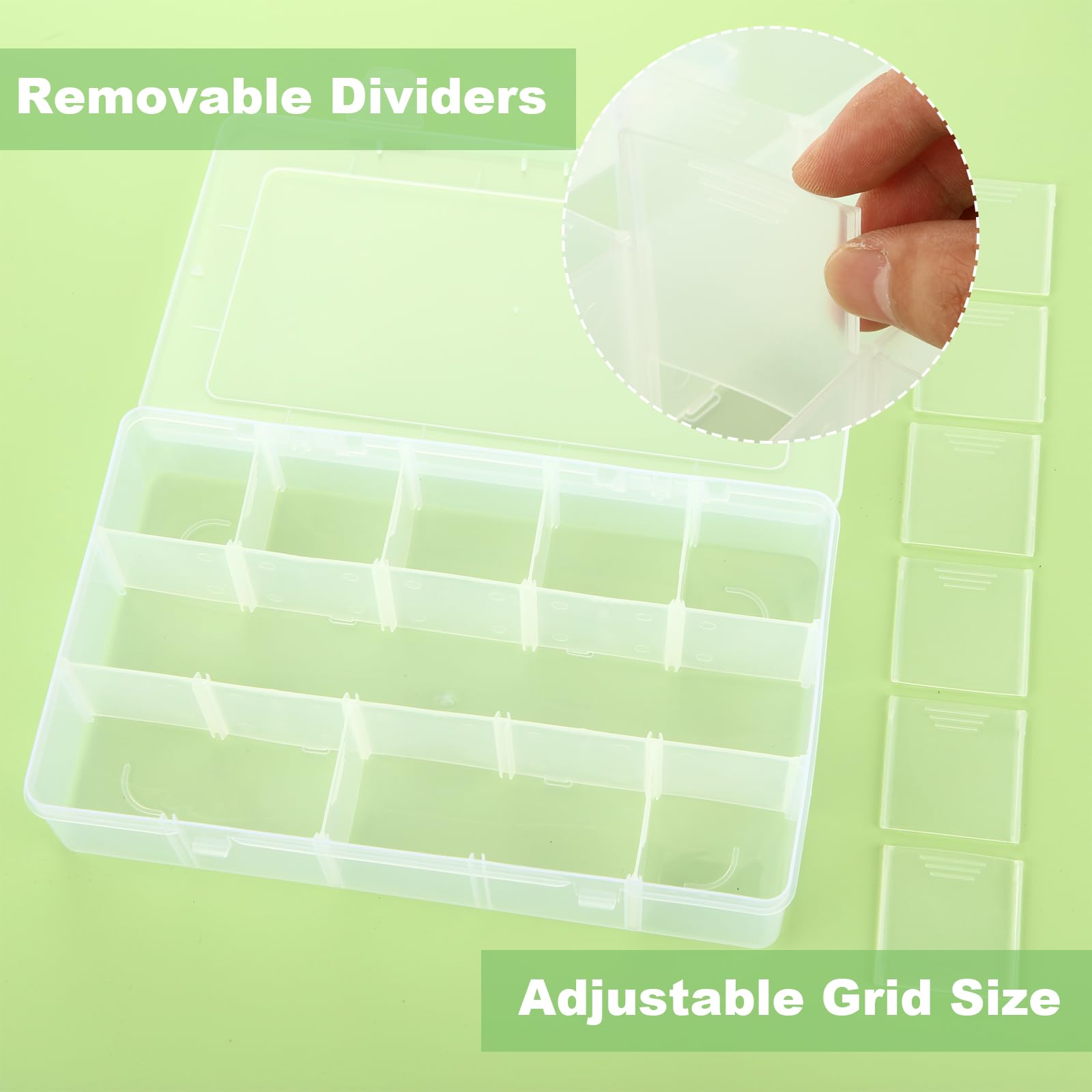 6 Pack Large 15 Grids Plastic Organizer Box with Dividers, 15 Compartment Organizer, Clear Tackle Box Organizers and Craft Storage with Adjustable Removable Divider, Fishing Organizer Box for Art DIY