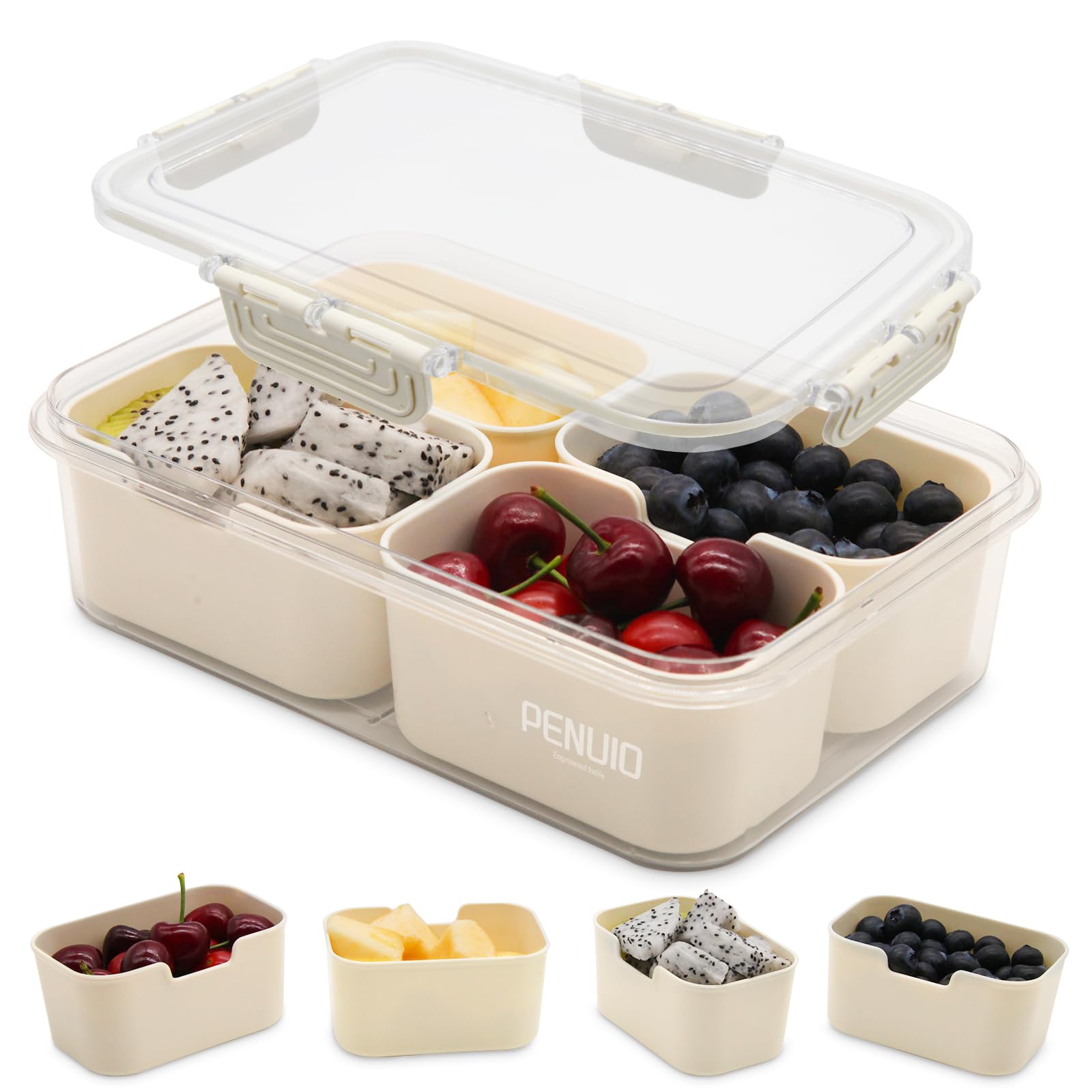 PENUIO Snackle Box Container,Divided Food Storage Containers,4 Compartment Divided Serving Tray With Lid,Relish Tray,Vegetable Tray,Fruit Platter,Snack Box,Snack Containers For Adults,