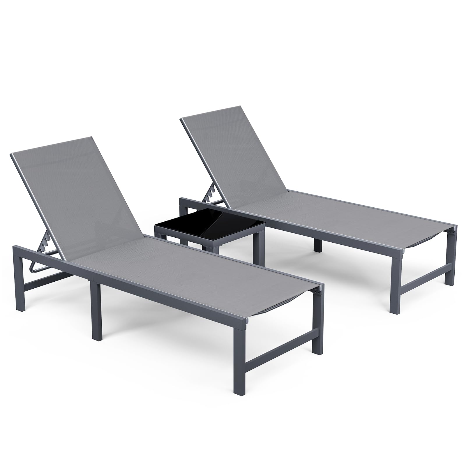 Amopatio Patio Chaise Lounge Set of 3, 24.4" Wider Outdoor Lounge Chairs with Table, Textilene Pool Chaise Lounge for Sun Tanning Lay Flat Poolside Lounger for Beach, Lawn, Grey