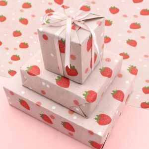 Geluode Strawberry Wrapping Paper, Pink Strawberry Gift Wrap Paper for Birthday, Baby Shower, Summer Hawaii Theme Party, Aloha Luau Pool Party, Holiday, 4 Sheets Folded Flat 20x28 inches