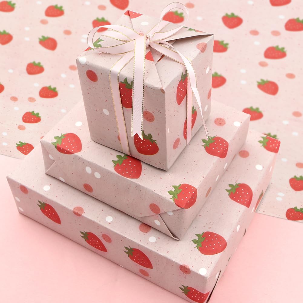 Geluode Strawberry Wrapping Paper, Pink Strawberry Gift Wrap Paper for Birthday, Baby Shower, Summer Hawaii Theme Party, Aloha Luau Pool Party, Holiday, 4 Sheets Folded Flat 20x28 inches