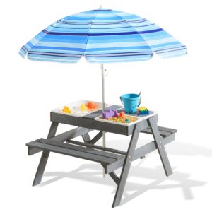 beright 3-in-1 kids picnic table, play sand and water sensory table with height adjustable umbrella & removable tabletop, kids wooden outdoor table, with 3 storage bins, upgraded