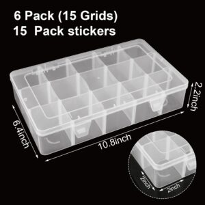 6 Pack Large 15 Grids Plastic Organizer Box with Dividers, 15 Compartment Organizer, Clear Tackle Box Organizers and Craft Storage with Adjustable Removable Divider, Fishing Organizer Box for Art DIY