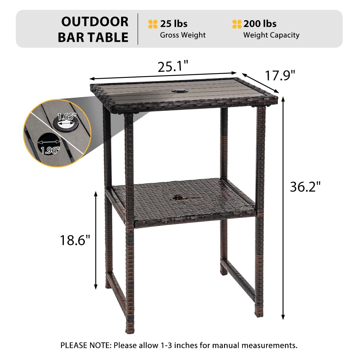 Sundale Outdoor Bar Table, Patio 36" Height Wicker Pub Counter with Umbrella Hole, All Weather High Top Bistro Table for Outside Deck Porch Balcony Poolside, Variegated Brown