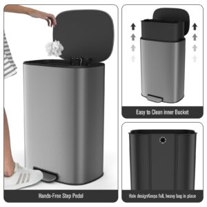 Ufurpie 13 Gallon Trash Can Metal Foot Pedal Stainless Steel Kitchen Trash Can with Lid Quiet Soft Close, Large Garbage Can with 30 Garbage Bags for Office, Living Room, Bathroom, Home & Commercial