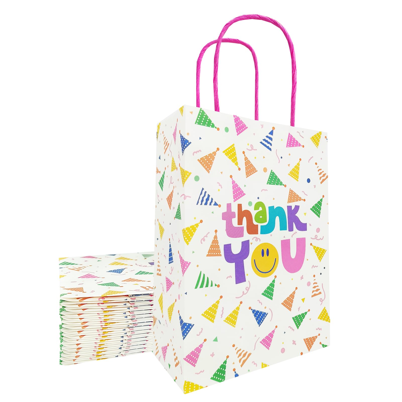 OFIHANLY 20Pcs 8.2" Small Thank You Party Favor Goodie Bags for Boy Girls Kids Birthday Cute Paper Treat Candy Return Gift Bags Bulk with Handles