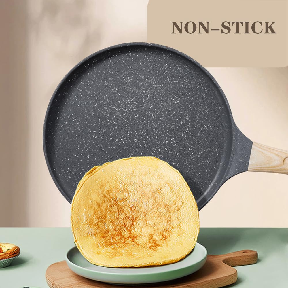 Unoschrim Crepe Pan 9.5-Inch, Pancake Pan, Nonstick Frying Pan with Detachable Handle, Granite Coating Flat Pancake Pan, Perfect for Corn Pancake, Omelette, Steak, and more, All Stove Compatible